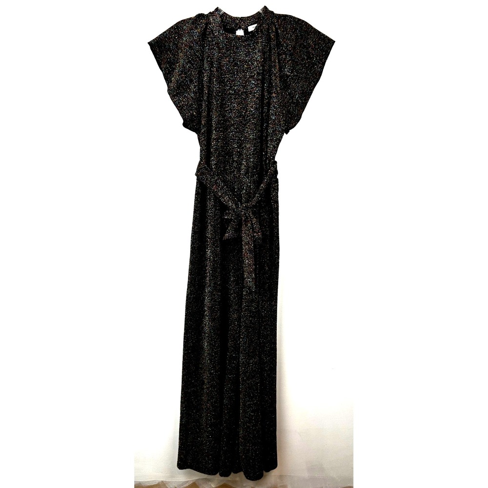 Nine West Jumpsuit Womens L Black Glitter Cropped Disco Flutter Sleeves Belt